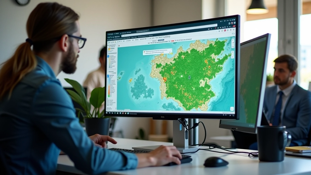 Pantalla de control con software de mapeo agrícola mostrando análisis de campos