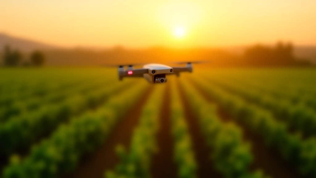 Campo de cultivo con dron sobrevolando filas de plantas verdes al atardecer