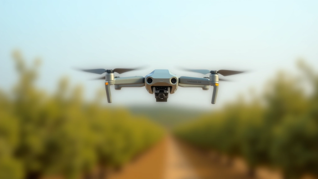 Dron de pulverización plateado sobre plantación de olivos en paisaje andaluz típico