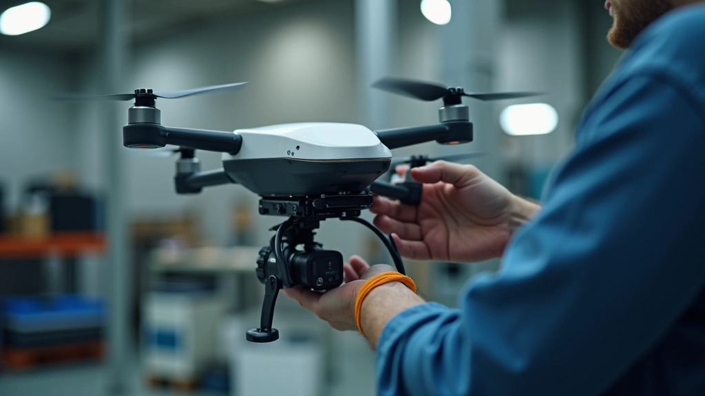 Técnico instalando sensor espectral en dron de precisión en taller de aviación